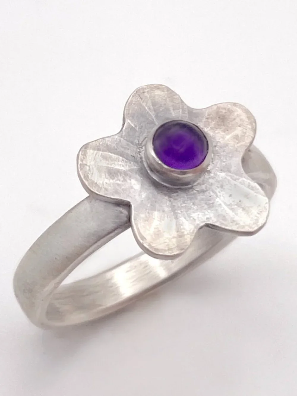 Sterling Silver 925 Flower Ring with Amethyst, Size 7 1/4, Artisan Made